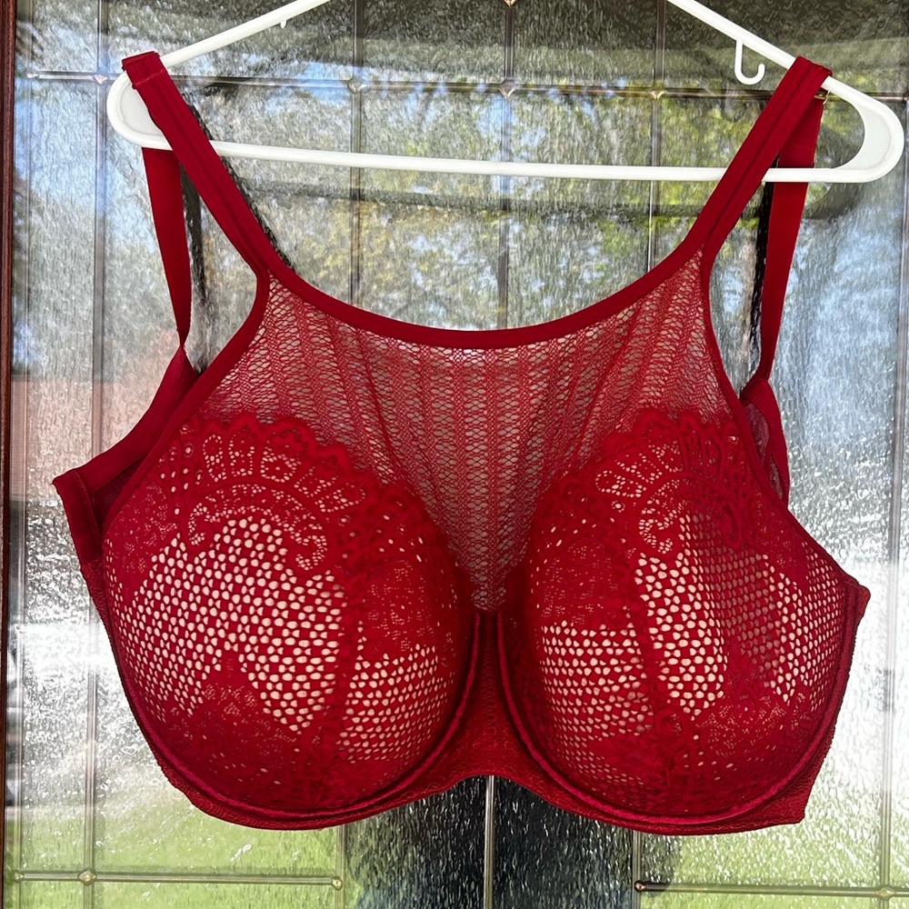 Lane Bryant Cacique High Neck Balconette Bra Red Lace underwire sheer 44 DDD